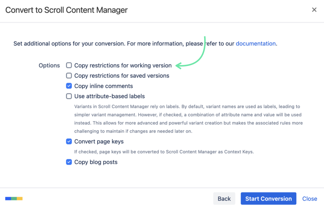 Conversion dialog with an arrow highlighting the option to copy version restrictions to the Working version.