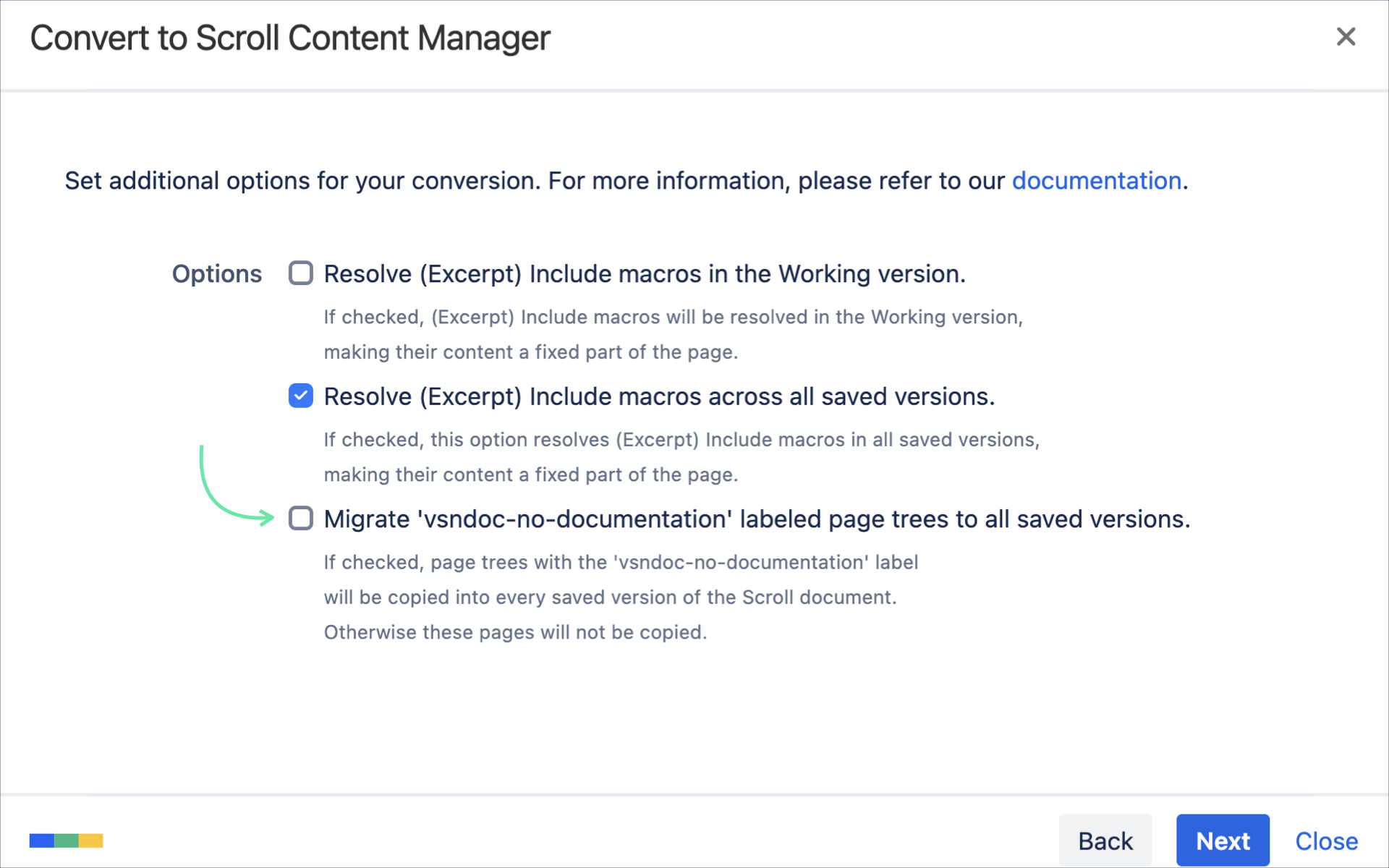 Conversion dialog showing the option to migrate pages with the vsndoc-no-documentation label to all versions.