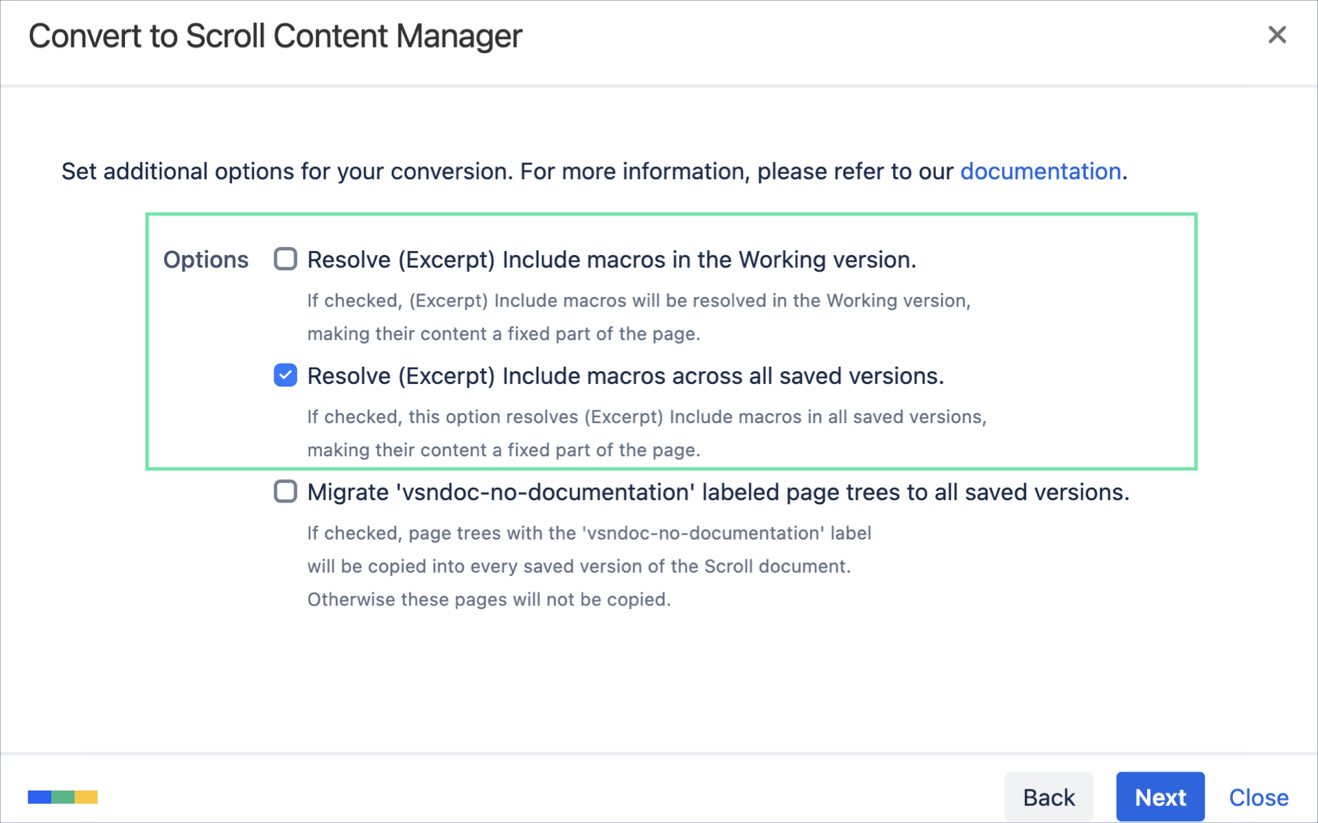 The resolve inclusions dialog during conversion, showing options to resolve include macros in the working version, saved versions, or both.