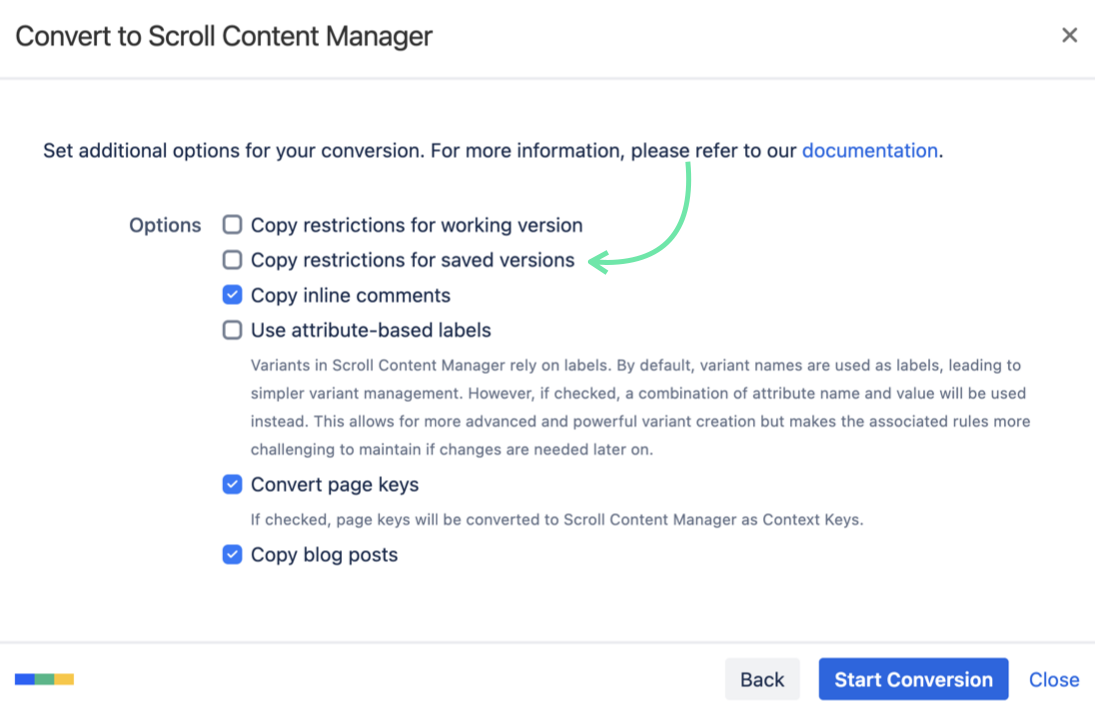 Conversion dialog with an arrow highlighting the option to copy version restrictions to saved versions.